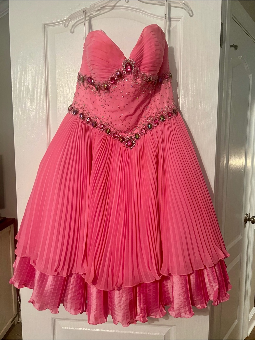 Strapless Pink Beaded & Pleated Prom Dress